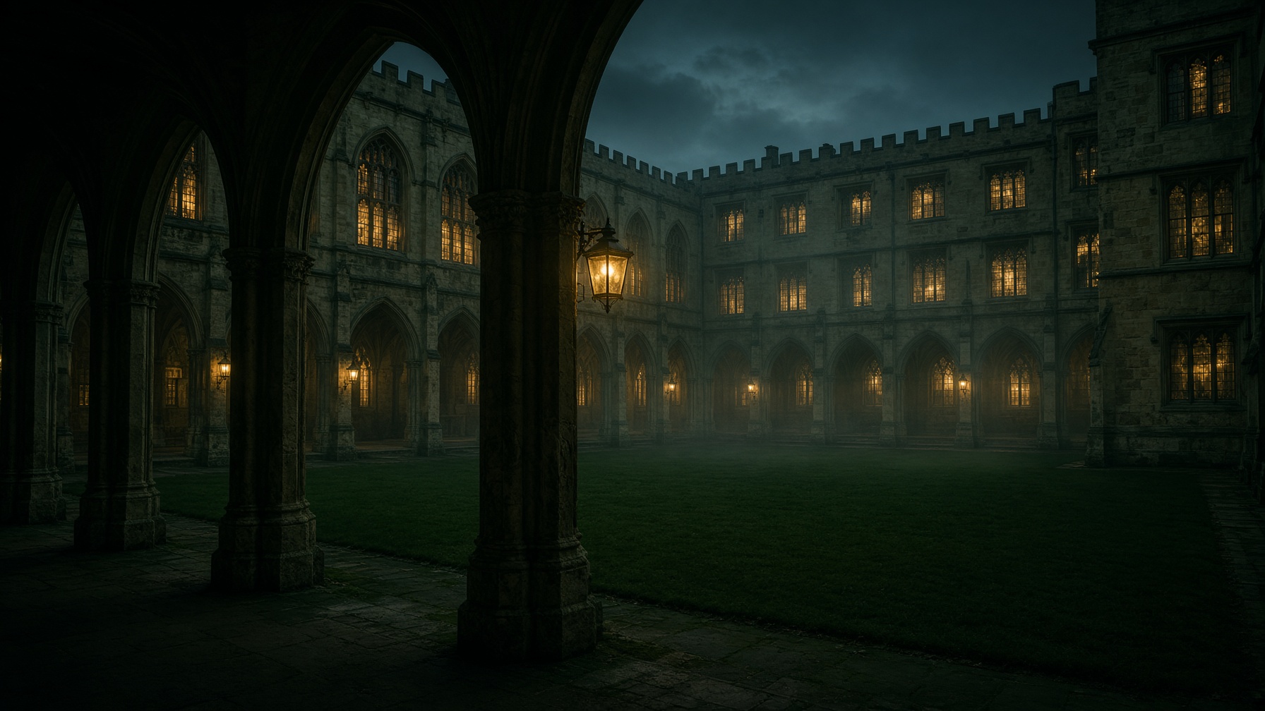 Candlelit Oxford college quadrangle at dusk